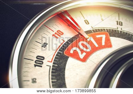 Shiny Metal Speedmeter with Red Punchline Reach the 2017. Scale with Red Needle Pointing the Message 2017 on Red Label. 3D Illustration.
