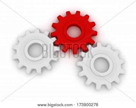 Technical solution. Two white and one red gears. This is a 3D rendered picture.