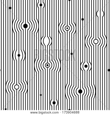 Abstract vector seamless moire pattern with waving circle lines. Monochrome op art graphic. Black and white ornament. Striped repeating texture.