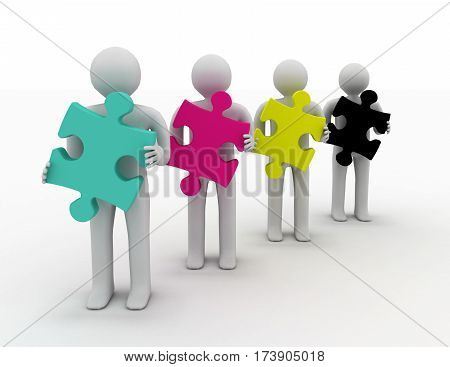CMYK concept. 3d men with puzzle. rendered illustration