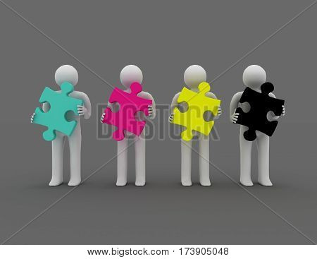 CMYK concept. 3d men with puzzle. rendered illustration