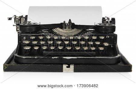 Old antique vintage portable typewriter with a blank sheet of paper. Antique typewriter in black with white keys of the Polish alphabet. The device isolated on a white background with light shadow and reflection.