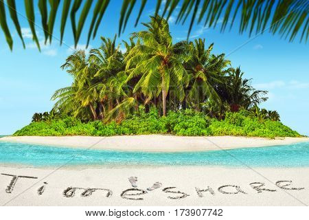 Whole Tropical Island Within Atoll In Tropical Ocean And Inscription 