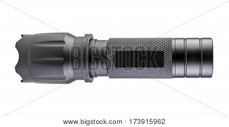 Black Metal Flashlight isolated on white background with clipping path.