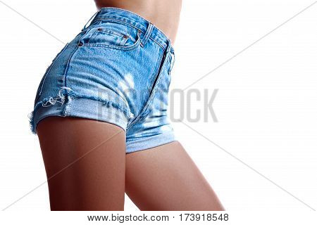 Sexy Woman In Fashion Blue Jeans Shorts. Perfect Hot Booty And Erotic Curves Hips