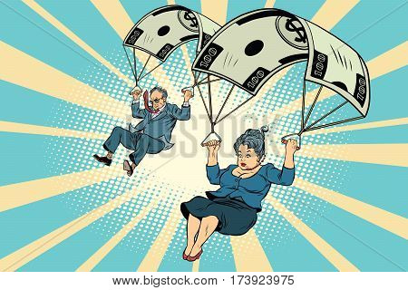 Golden parachute financial compensation in the business. Businessman and businesswoman jumping down. Comic book vintage pop art retro style illustration vector