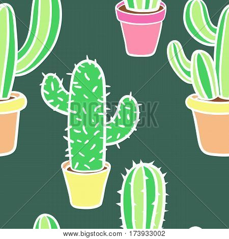 Seamless pattern with cactus. Pattern of cactus. Cacti in pots. Vector background. Cute cartoon cactus pattern.