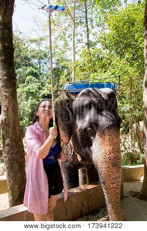 Thailand, Phuket - 19 February 2017 : selfie with an elephant