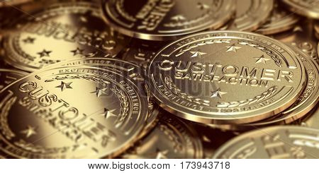 Many golden medals with stars and the text Customer Satisfaction and Excellence Horizontal 3D illustration.