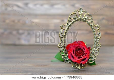 Valentines Day rose in the vintage frame on wooden background