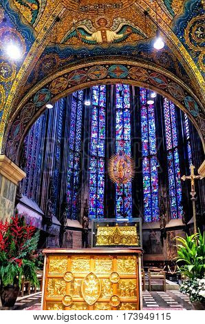 AACHEN, GERMANY-DECEMBER 15, 2014: The Aachen Cathedral, also High Aachen Cathedral, or the Aachener Kaiserdom.The Aachen chapel was the church of coronation for thirty German kings and twelve queens.