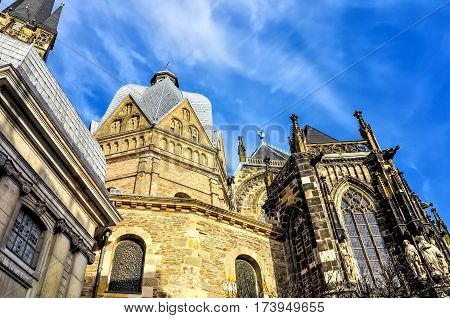 The Aachen Cathedral, also High Aachen Cathedral, or the Aachener Kaiserdom, Germany. The Aachen chapel was the church of coronation for thirty German kings and twelve queens.