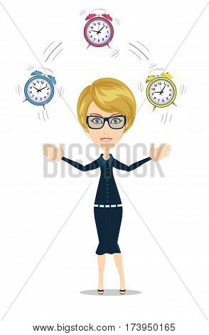 Time management concept with businesswoman. Business character with alarm clock . Isolated on white background. Stock vector illustration