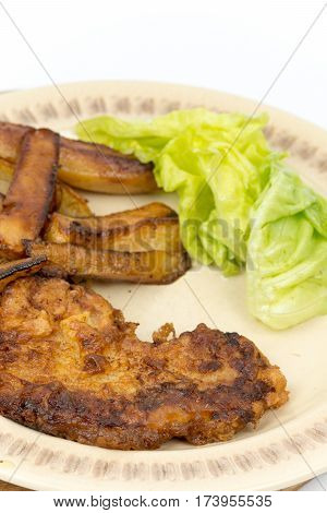 Fried Steak Meal Potatoes Lettuce Salad Copy Space