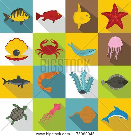 Sea animals icons set. Flat illustration of 16 sea animals vector icons for web