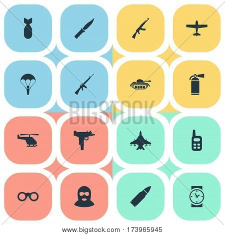 Set Of 16 Simple Terror Icons. Can Be Found Such Elements As Field Glasses, Helicopter, Kalashnikov And Other.