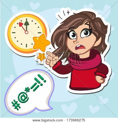 Vector Illustration of Stick Kid Girl Showing using her arm as Hand Clock pointing 11. 55 o clock. Poster design. Vector illustration.