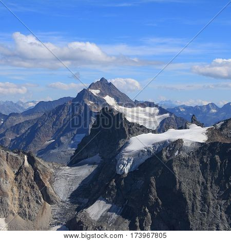 Mountains and glacier seen from mount Titlis Switzerland. Mountains Fleckistock and Stucklistock.