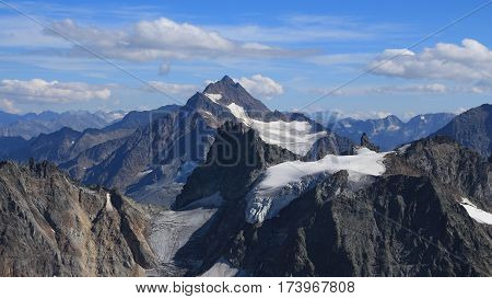 Mountains Fleckistock and Stucklistock. Glacier. Summer scene in the Swiss Alps view from mount Titlis.