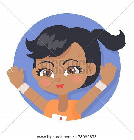 Isolated girl with pigtail avatar userpic. Black forelock. Hazel eyes. Portrait of nice female person in orange t-shirt. Pink flush on face. Simple cartoon style. Flat design. Vector illustration