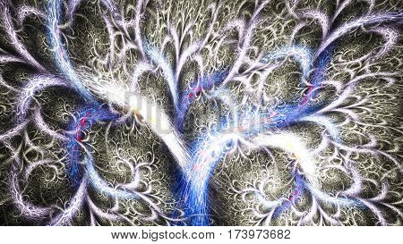 Frostwork. Magical tree of life. 3D surreal illustration. Sacred geometry. Mysterious psychedelic relaxation pattern. Fractal abstract texture. Digital artwork graphic astrology magic