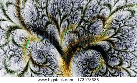 Frostwork. Magical tree of life. 3D surreal illustration. Sacred geometry. Mysterious psychedelic relaxation pattern. Fractal abstract texture. Digital artwork graphic astrology magic