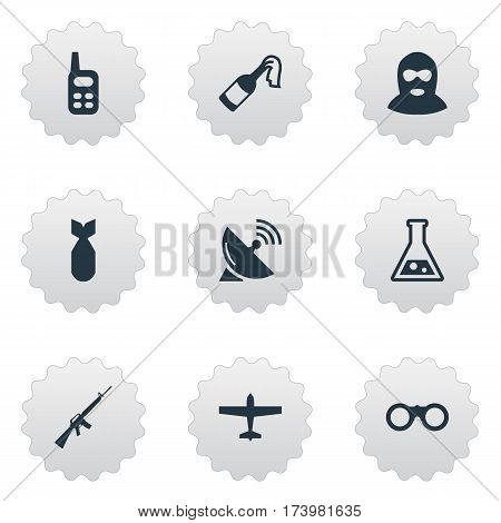Set Of 9 Simple Army Icons. Can Be Found Such Elements As Signal Receiver, Rifle Gun, Chemistry And Other.