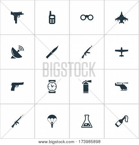 Set Of 16 Simple Battle Icons. Can Be Found Such Elements As Paratrooper, Kalashnikov, Firearm And Other.