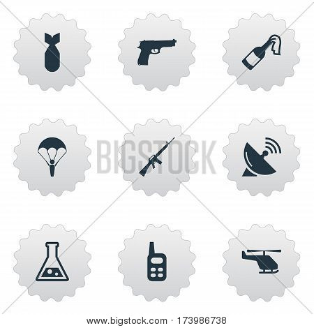 Set Of 9 Simple Military Icons. Can Be Found Such Elements As Molotov, Rifle Gun, Walkies And Other.