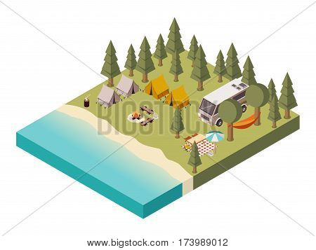 Camp near lake with van tents and bonfire umbrella table and chairs picnic baskets   isometric vector illustration