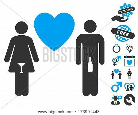 Drunky Love Pair icon with bonus decorative icon set. Vector illustration style is flat iconic blue and gray symbols on white background.
