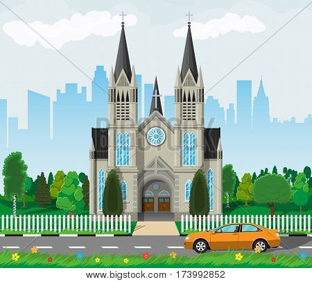 Exterior of catholic or protestant church cathedral in gothic style with city skylines, road, car and trees behind. Urban chapel. Tower with cross. Vector illustration in flat style