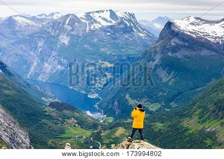 Tourist Taking Photo From Dalsnibba Viewpoint Norway