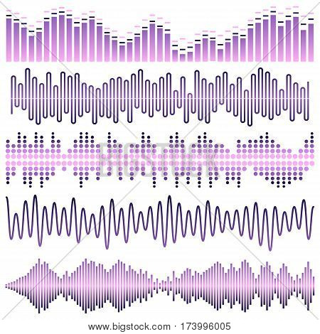 Vector set of violet sound waves. Audio equalizer. Sound & audio waves isolated on white background.
