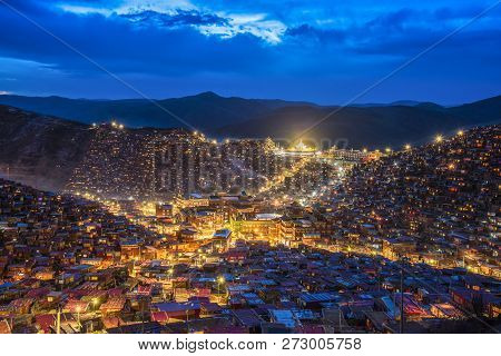 Larung Gar (buddhist Monastery) At Night , Sichaun, China