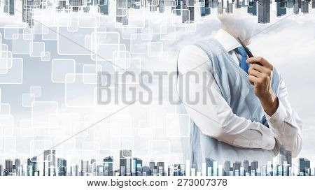 Double Exposure Of Confident And Young Businessman In Smart-casual Wear Smoking Pipe And Modern City