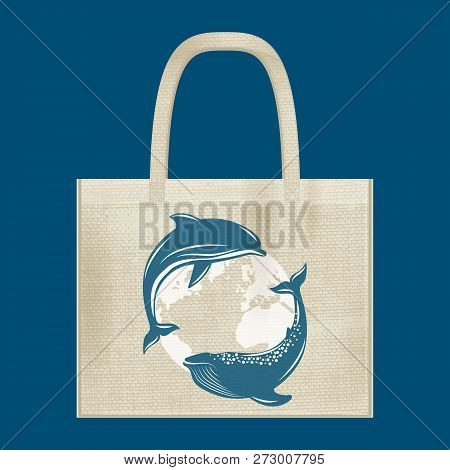 Canvas Cotton Textiles Eco Bag. Whale, Dolphin, Planet Earth. Natural Color. Stop Plastic Pollution.