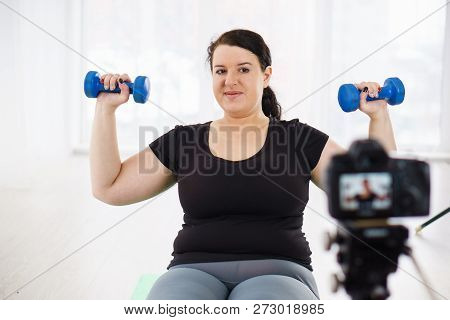 Fitness Trainer, Internet Sporting Class, Training Online Video Course. Overweight Blogger Recording