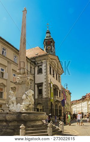 Ljubljana, Slovenia - 2013: Robba Fountain Also Known As Fountain Of The Three Carniolan Rivers Stan