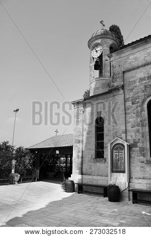 The Cana Greek Orthodox Wedding Church In Cana Of Galilee, Kfar Kana, Israel. Black And White Filter