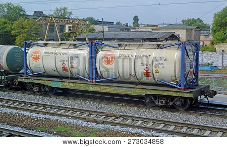 Voronezh Region, Russia - September, 2016: Railway Platform With Two Tank Containers Iso 22k4 For Tr