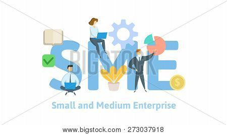 Sme, Small And Medium Enterprise. Concept With People, Letters And Icons. Flat Vector Illustration O