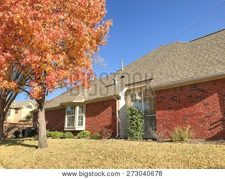 Colorful Backyard Of American House In Fall Season Near Dallas, Texas