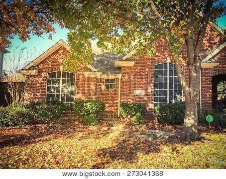 Filtered Image Typical Entrance Of American House In Fall Season With Colorful Tree