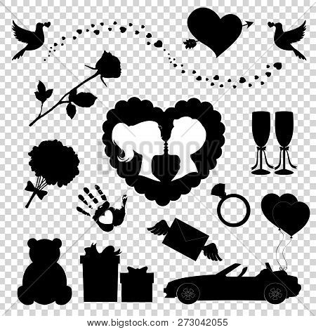 Vector Love Icons Set Of 14 Editable Filled Valentines Silhouette Signs. Teddy Bear, Heart, Balloons