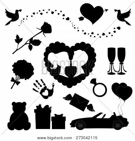Vector Love Icons Set Of 14 Editable Filled Valentine Silhouette Signs. Teddy Bear, Heart, Balloons,