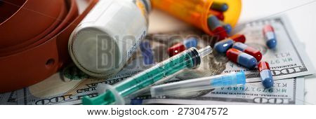 Money Dollars Used Syringe Pills And Unknown Powder Drug Trafficking Making Background. Law For The 