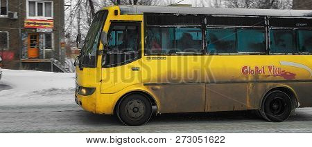 Kazakhstan, Ust-kamenogorsk, December 1, 2018: Yutong Chinese Bus On The Street. Public Transport. P