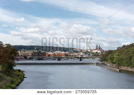 Prague Panorama With Stefanik Bridge, Vltava River, Colorful Rooftops, Petrin Tower, Prague Castle A