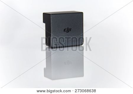 Washington, Usa - December 01, 2018: Mavic 2 Pro Battery Adapter Close-up. Dji Logo. Lit Element On 
